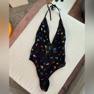 Black mesh metallic butterfly bodysuit